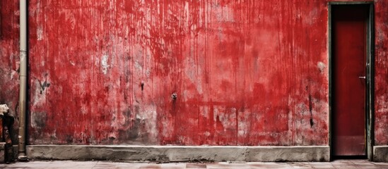 The old red building with its vintage interior and retro patterns on the concrete walls create a unique and abstract texture, adding a touch of grunge to the overall architectural background.