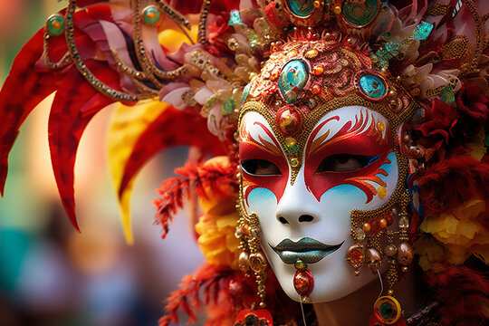 Close-up photo of a person wearing a colourful venetian mask in Venice Italy Created with Generative AI technology Extravagant masquerade ball at venice carnival featuring ornate masks and exquisite 
