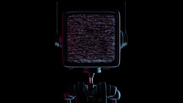 Robot with head in shape of TV or monitor with noisy glitch signal on screen. Creative fashion cartoon 3d animation. Retro futuristic character concept design.