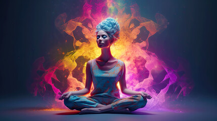 Deep meditating woman in lotus pose and her focusing mind to peaceful balance. Postproducted generative AI illustration.	