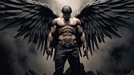 Fallen dark angel with black wings and head down. Postproducted generative AI illustration.	 - obrazy, fototapety, plakaty