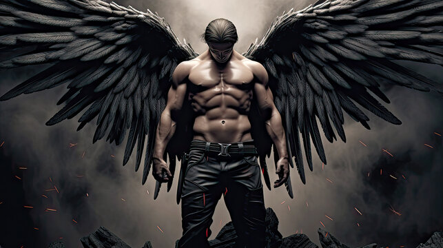 Fallen dark angel with black wings and head down. Postproducted generative AI illustration.	