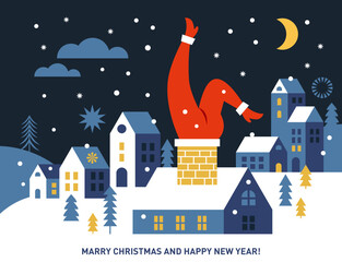 Christmas and New Year Greeting card. Santa Coming Down the Chimney. Banner, card design - 680427078