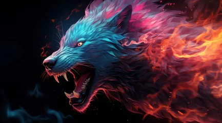 Foto op Plexiglas Raging Blaze: A Wolf's Cry in the Embers of Fantasy © Phieo Alex
