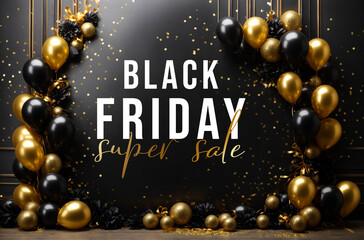 Modern black friday super sale with gold and black balloons.