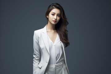 Beautiful Stylish Korean Model Posing in an Elegant White Suit. Generative AI.