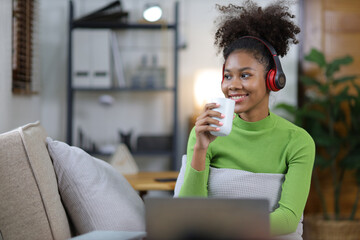 Attractive young african woman sitting on sofa using laptop leisurely and relaxing in living room...