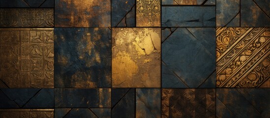 The vintage wallpaper features an abstract pattern with grunge and gold texture, creating a luxurious and modern design. The background is made of old metal plates, which are adorned with intricate - obrazy, fototapety, plakaty