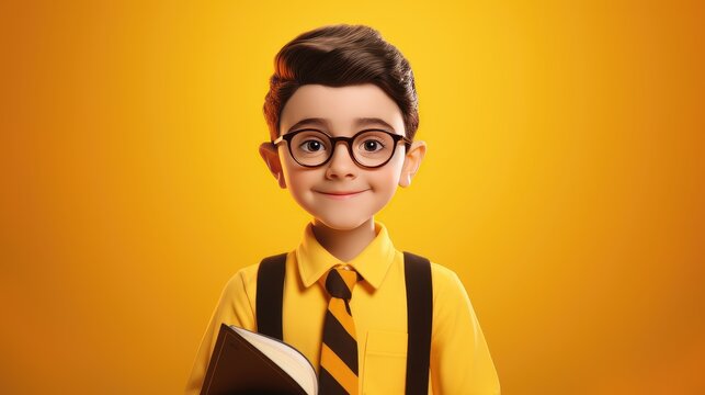 cute little boy in school uniform with backpack yellow background, Back to School Concept