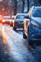 Dynamic shot of a car maneuvering in winter city traffic after snow by Generative AI