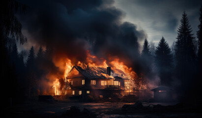 Wooden house or barn burning on fire at night. - obrazy, fototapety, plakaty