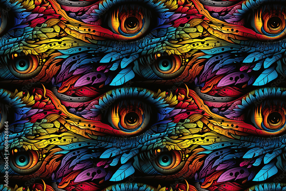 Wall mural seamless pattern with looking eyes on multicolored rainbow bright gradient background