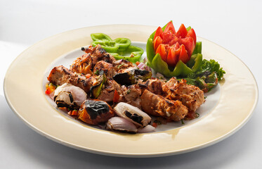 Beef kebab with onion, capsicum and tomato 