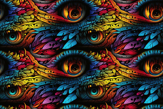 seamless pattern with looking eyes on multicolored rainbow bright gradient background