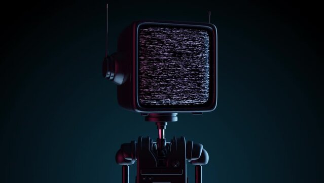 Robot with head in shape of TV or monitor with noisy glitch signal on screen. Creative fashion cartoon 3d animation. Retro futuristic character concept design.