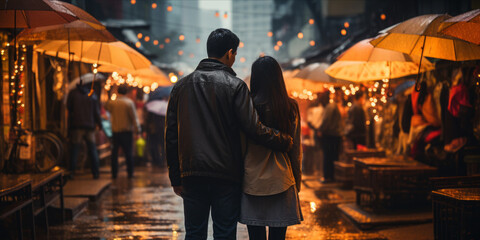 Paar im Regen durch die Straßen