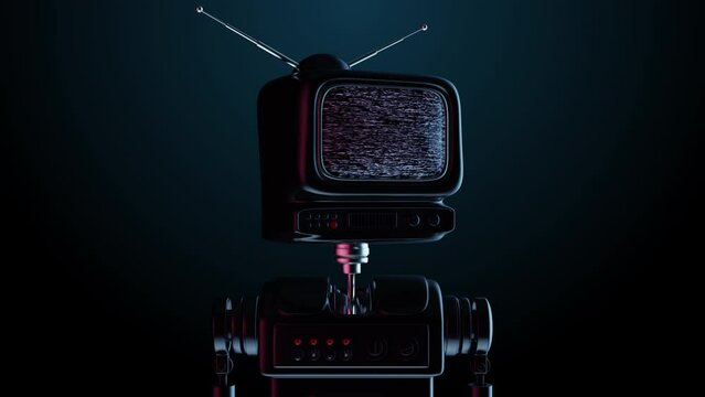 Robot with head in shape of TV or monitor with noisy glitch signal on screen. Creative fashion cartoon 3d animation. Retro futuristic character concept design.