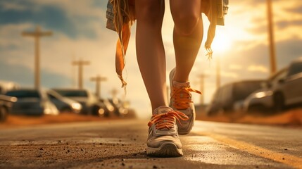 Closeup of a girl walking on the road in a sneakers - obrazy, fototapety, plakaty