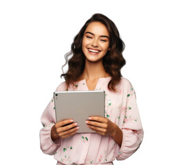Naklejka premium attractive girl using tablet, png file of isolated cutout object with shadow on transparent background.