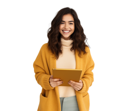 attractive girl using tablet, png file of isolated cutout object with shadow on transparent background.
