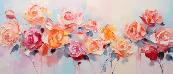 Watercolor painting of orange and pink roses on white background