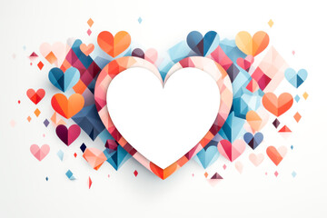 multicolored of colorful hearts in various shades to form a larger heart shape, with a central white heart is a empty space for your message or design. Mockup of Valentines Day card. Template