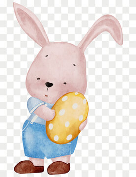 Cute Rabbit holding Easter Egg,Cartoon Watercolour hand paint Bunny,Hare character element for Easter greeting card,Spring,Summer poster,Vector illustration portrait animal on transparent background