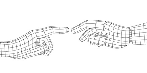 The robot and human hand touch each other. Two hands in form of polygonal mesh, wireframe.