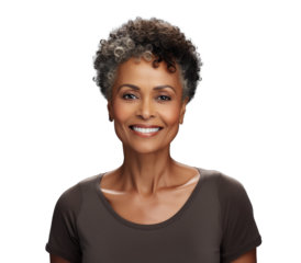 attractive black older woman, png file of isolated cutout object with shadow on transparent background.
