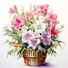 Alstroemeria, Freesias and Lisianthus, Flowers, Watercolor illustrations