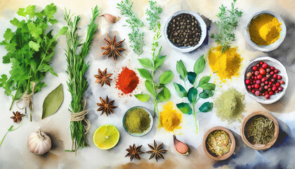 Top view watercolor painting allspice ingredients and condiments for food seasoning on cutting board in old fashioned kitchen - obrazy, fototapety, plakaty