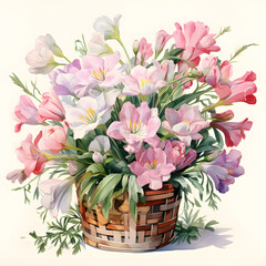 Alstroemeria, Freesias and Lisianthus, Flowers, Watercolor illustrations