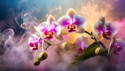 Foto op Aluminium Close-up of orchid flowers, colored, abstract background with orchids, surrounded by beautiful colored smoke, with shallow depth of field. © Komain Techanadta