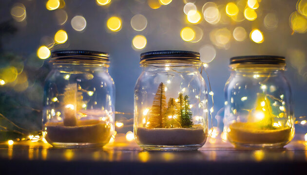 Glass bottle with light bulbs on the side placed on a wooden table with a background decorated with several small light bulbs in bokeh
