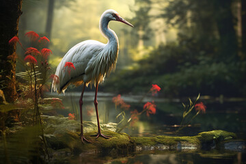 Fototapeta premium Image of demoiselle crane with beautiful red flowers in the forest on a natural background. Birds., Wildlife Animals.