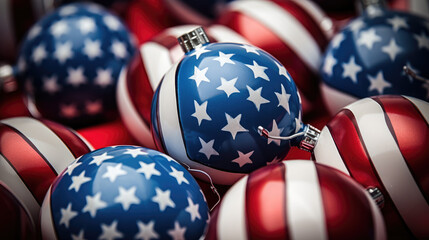 Creative Christmas wallpaper in red, white and blue colors. Christmas tree traditional decoration in American flag colors.  - obrazy, fototapety, plakaty