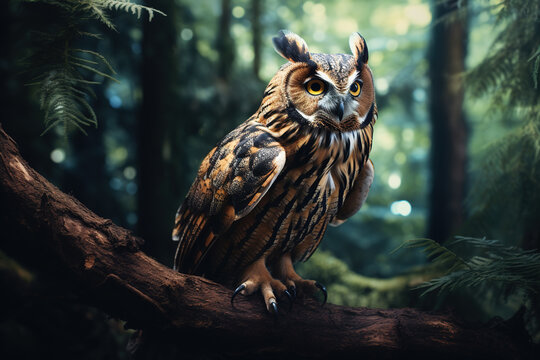 Image of an owlison (Great Horned Owl) in the forest on a natural background. Birds., Wildlife Animals.