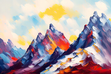 Contemporary Digital Oil Painting of Mountain Landscape in Vibrant Colors