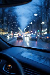 Dynamic shot - a view from the inside of a car maneuvering in winter city traffic after snow by Generative AI