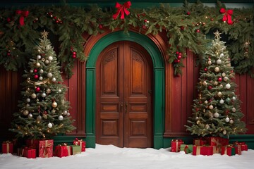 Christmas tree and tree decorations on the snow behind wooden door, in the style of vibrant stage backdrops, pastoral charm, maroon and green, ready-made,  cottagecore, arched doorway, backdrop, 