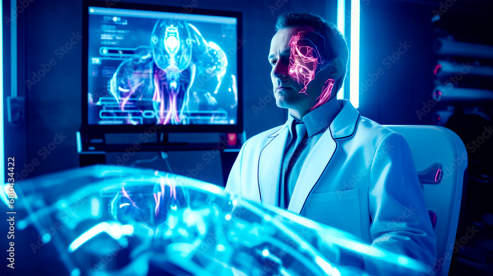 Poster man in suit and tie standing in front of computer screen.