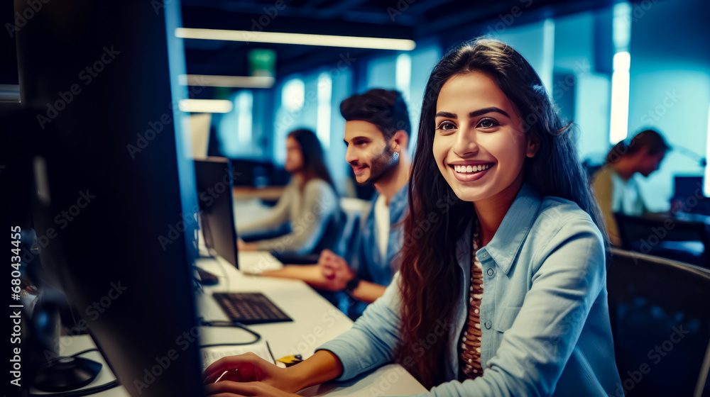 Poster woman sitting at desk with computer in front of her and man in the background.