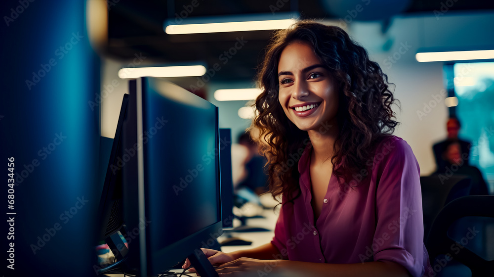 Aufkleber woman sitting at desk with computer monitor and keyboard in front of her.
