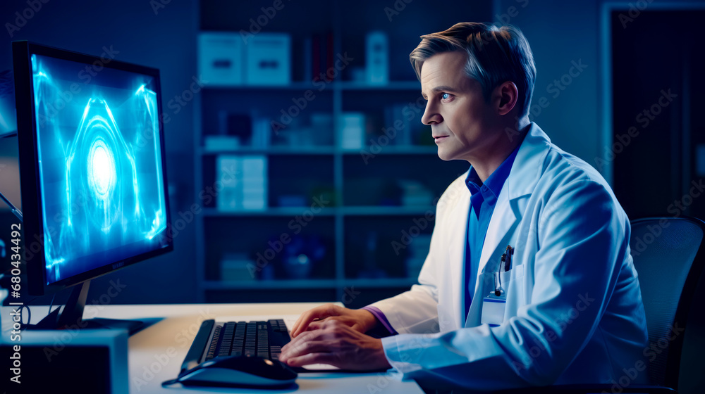 Aufkleber man in white lab coat sitting at desk in front of computer.