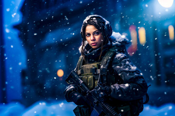 Fototapeta premium Woman with gun standing in the snow with snow falling on her.