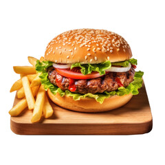 Burger with French fries on a wooden board on  transparent background