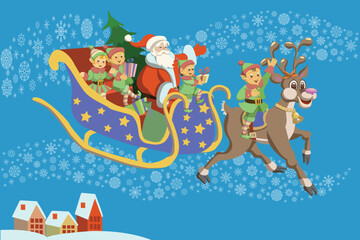Santa in sleigh with elves and reindeer.Vector illustration.
