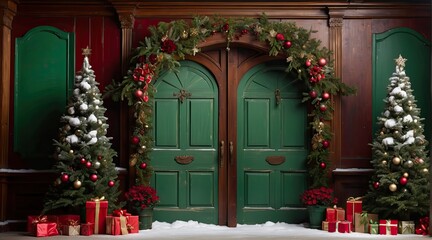Fototapeta na wymiar Christmas tree and tree decorations on the snow behind wooden door, in the style of vibrant stage backdrops, pastoral charm, maroon and green, ready-made, cottagecore, arched doorway, backdrop, 