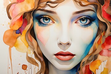generative AI art of colorful watercolor painting of a close-up of a beautiful young woman's face 