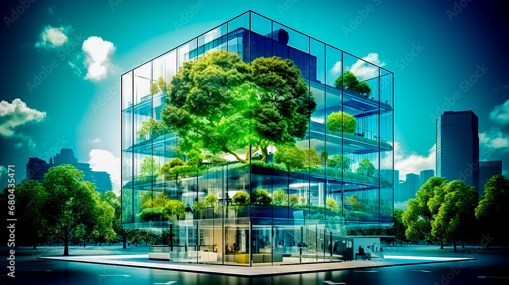 Poster glass building with tree in the middle of the front of it.